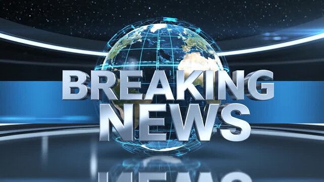 A polished 3D "BREAKING NEWS" headline sits over a globe in a modern news studio backdrop