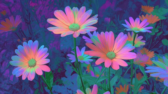A colorful flower illustration with glowing petals in a low-fi digital style.