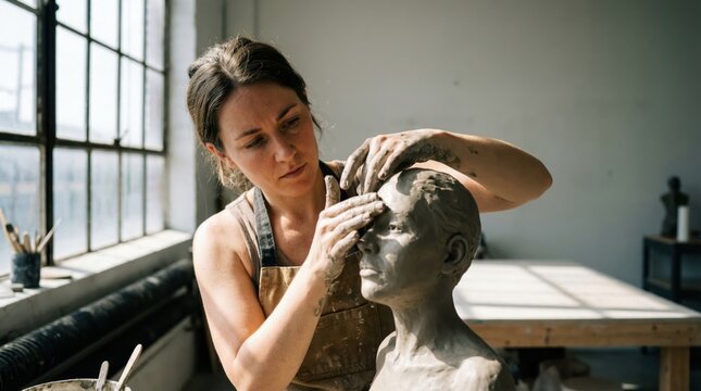 Woman sculpting a clay bust in a bright art studio