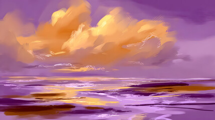 calm lake with warm orange and purple sky, reflections on water, peaceful evening atmosphere