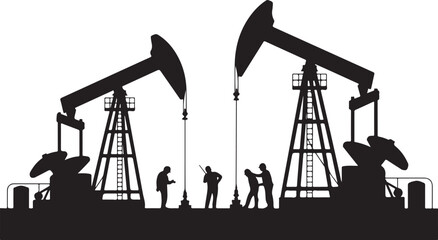 Silhouettes of workers operating large oil pumpjacks on a vast oil field under a clear sky