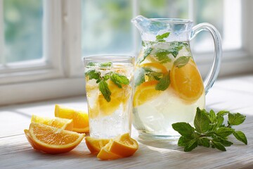 Refreshing citrus drink with orange slices and mint in a glass pitcher.