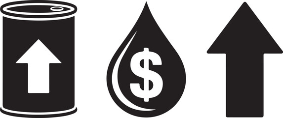 Three black icons symbolizing increasing oil prices and the general rise in commodity costs