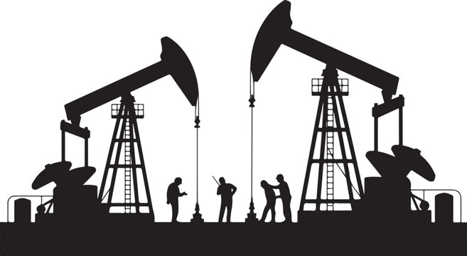 Silhouettes of workers operating large oil pumpjacks on a vast oil field under a clear sky