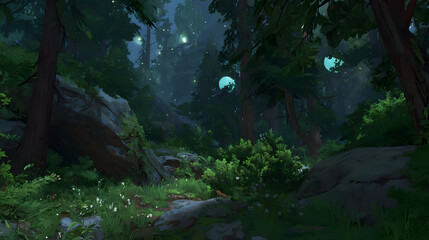 with trees made of glass-like material, reflective surfaces, and soft glowing environment