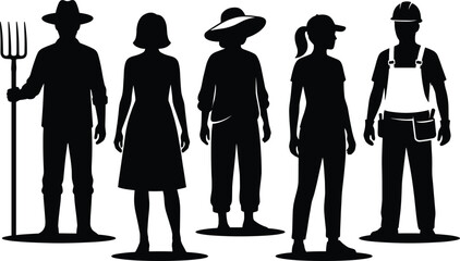 Diverse group of professional silhouettes including farmers with pitchforks and gardeners alongside industrial construction workers in safety gear and hard hats.