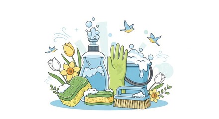 Spring cleaning theme with cleaning supplies and flowers for home organization concepts