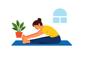 Woman doing seated forward bend yoga pose on mat with plant and window