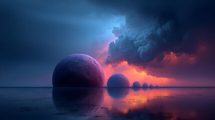 with floating platforms above water, mirrored reflections, dramatic sky, and imaginative scale