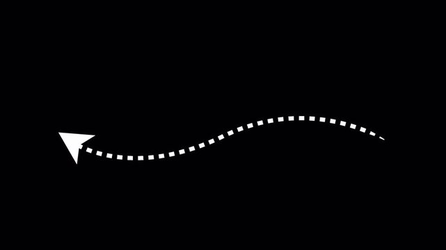 Animated white dotted arrow moving in a curved wavy path on transparent background with alpha channel.