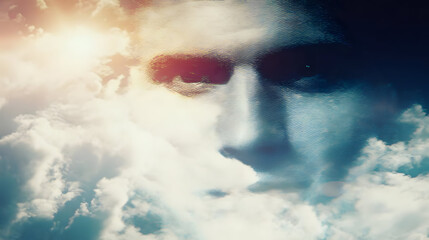 of a face formed by clouds and light, gentle expression, soft colors, and poetic concept