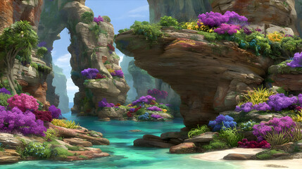 world with floating land fragments, glowing aquatic plants, and impossible gravity-defying scenery