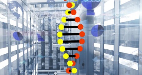Animation of dna strand and data processing over server room - Powered by Adobe
