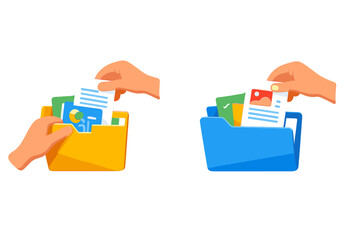 Hands organizing digital files in folders