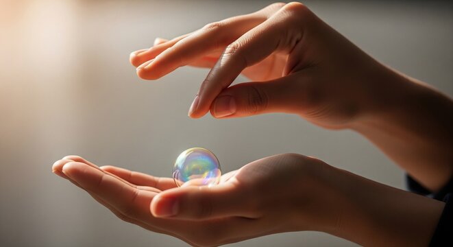 Close-up of hands gently cupping an iridescent soap bubble with soft warm lighting - Powered by Adobe