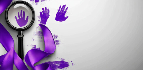 world leprosy day design with purple ribbon and magnifying glass on white background