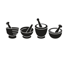 herb mortar and pestle icons set