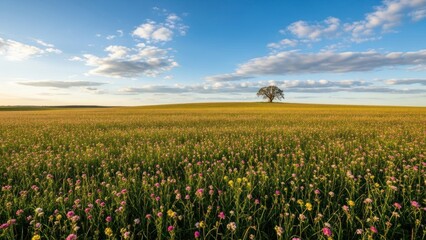 Serene Field with Wildflowers and Lone Tree.