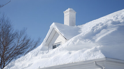 Winter's heavy blanket: A snow-covered roof after a blizzard, with a white chimney against a clear blue sky, a picturesque scene. Snow covers the roof and the window.