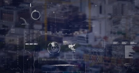 Animation of interface with data processing against aerial view of cityscape - Powered by Adobe
