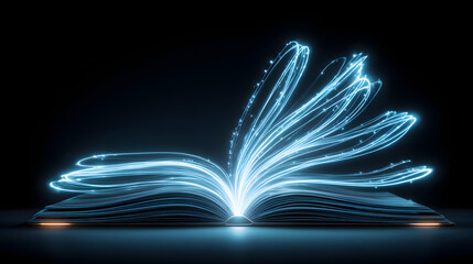 An open book emits brilliant blue light streaks, symbolizing knowledge and imagination. The background is plain black, creating a magical reading environment.