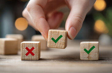 A hand holding a wooden block with a green check mark, with other blocks featuring red and green marks on a wooden surface