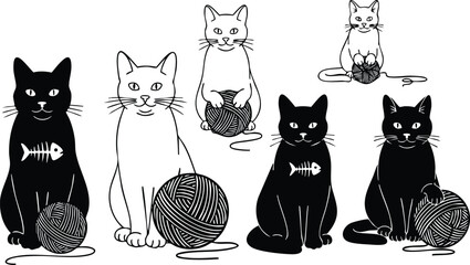 Black and white minimalist vector art of cats playing with yarn balls sitting in various poses with fishbone symbol on black cats in simple line art style