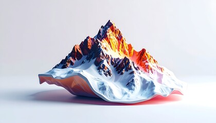 Low-poly mountain floats, glowing peak, covered in snow, pristine