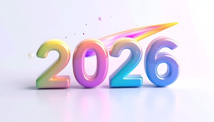 Colorful, glossy 2026 numerals with a vibrant, abstract swoosh on white