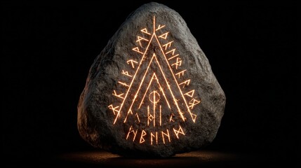 Ancient rune stone glowing lines isolated on white background