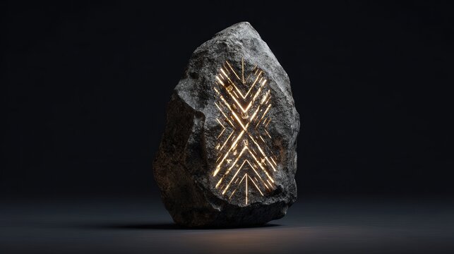 Ancient rune stone glowing lines isolated on white background