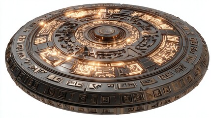 Obraz premium Ancient sci-fi relic artifact glowing with runic patterns isolated on white background