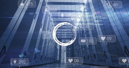 Animation of social media icons, data processing and mathematical equations against server room - Powered by Adobe