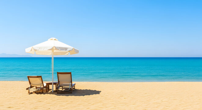 Two wooden sun loungers and white umbrella on a golden beach fac