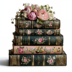 Stacked books with a floral arrangement on top, placed on a neutral background during daylight hours