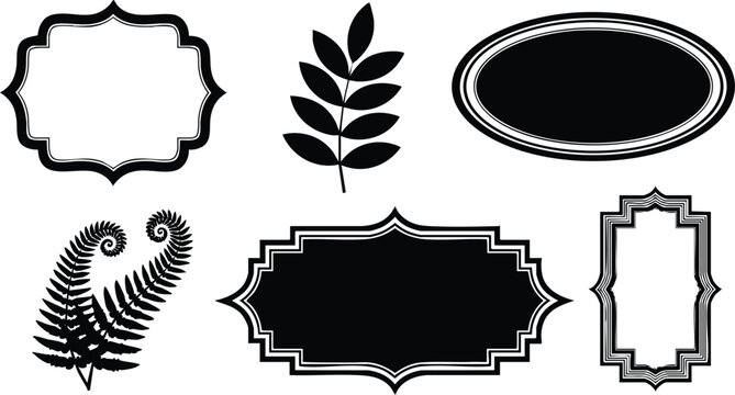 Black and white ornate frames with classic decorative shapes and fern leaf silhouette flat vector design elements for vintage label decoration and elegant borders