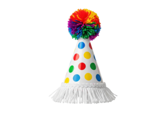 extreme close-up of a pristine, cone-shaped birthday party hat with vibrant primary-colored polka dots, white fringe, and a fluffy rainbow pom-pom, on a transparent background. concept of pure