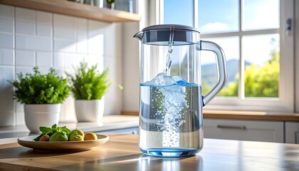 Pitcher filling with water; kitchen scene with plants and sunny window