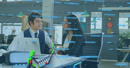 Animation of financial data processing over diverse businessman and businesswoman shaking hands - Powered by Adobe