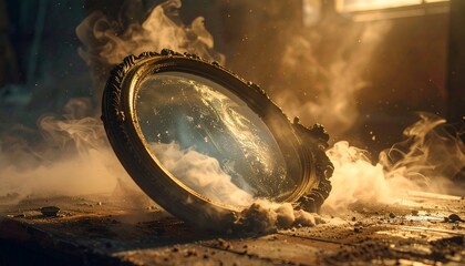 Ornate mirror embedded in dust, reflecting a glimpse of swirling cosmos
