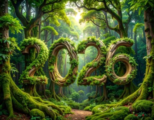 Lush forest scene with "2026" made of foliage, sunlight breaks through