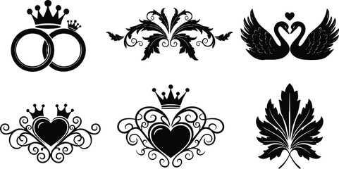 Black vector art set of crowned wedding rings floral swan silhouettes heart designs and vintage leaf ornaments with elegant swirling details and romantic symbols