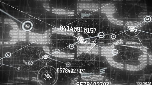 Animation of network of connections with icons over blockchain