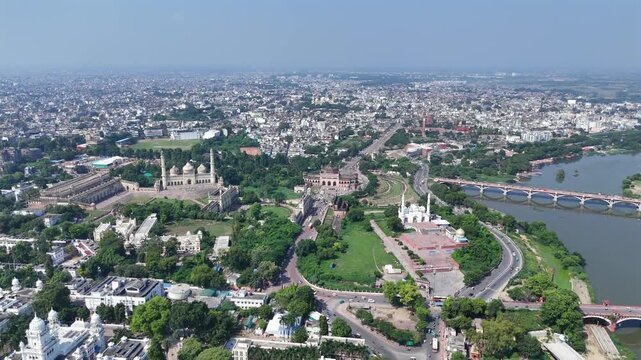 Aerial view of Lucknow city with the Gomti River bridge, Bara Imambara, Rumi Darwaza in India