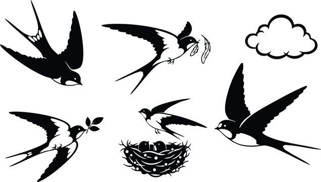 Black and white vector art of five swallows flying carrying leaves and feathers around nest with eggs and cloud silhouette illustration