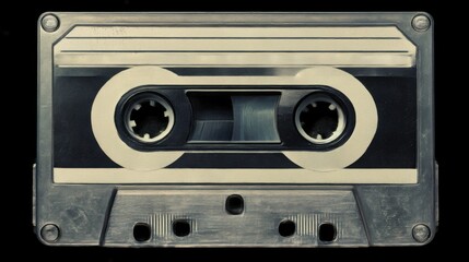 Old-fashioned cassette on a black background, representing vintage audio technology and music nostalgia for retro themes and graphic design