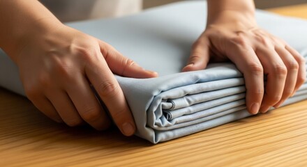 Hands carefully folding a pile of clean light blue fabric on wooden table surface