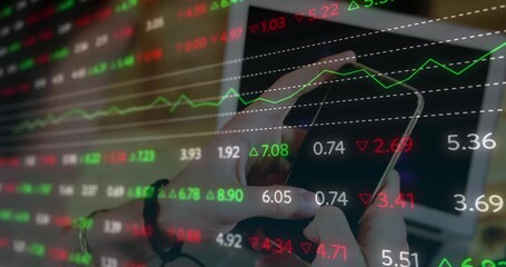 Animation of financial data processing over man using smartphone - Powered by Adobe