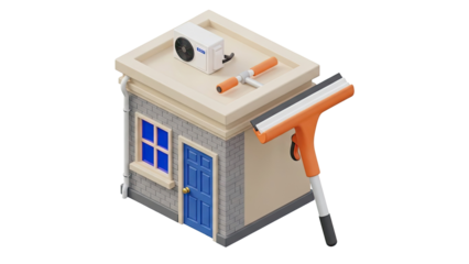 3D Isometric House with Air Conditioner and Window Cleaner