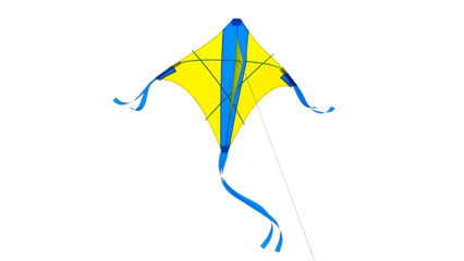 A bright yellow and blue kite against a dark background